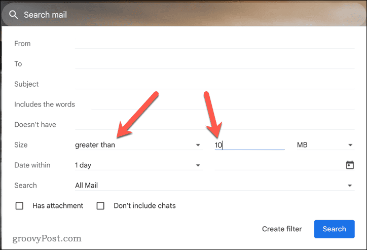 Festlegen von Größenkriterien in einer erweiterten Gmail-Suche