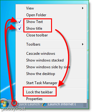 Deaktivieren Sie den Schnellstart von Text und Titel in Windows 7 und sperren Sie die Taskleiste