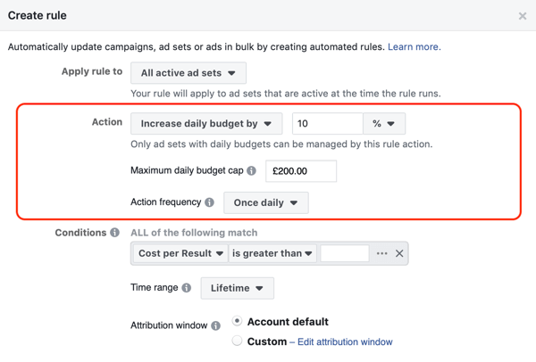 Verwenden Sie automatisierte Facebook-Regeln und erhöhen Sie das Budget, wenn der ROAS größer als 2 ist, Schritt 2, Aktionseinstellungen