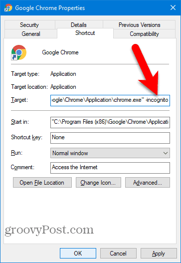 Fügen Sie -incognito zur Chrome Desktop-Verknüpfung hinzu