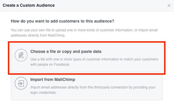 Wählen Sie Datei auswählen oder Daten kopieren und einfügen, um Ihre benutzerdefinierte Facebook-E-Mail-Zielgruppe zu erstellen.