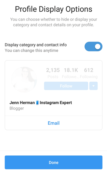 Instagram Creator Profile Auswahl und Anzeige der Kategorie.