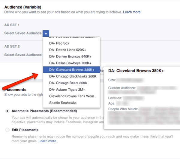 Wählen Sie zwei gespeicherte Zielgruppen für Ihren Facebook-Zielgruppentest aus.