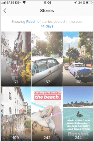 Anzeigen von Instagram-Geschichten Erreichen Sie Daten in Instagram Analytics.