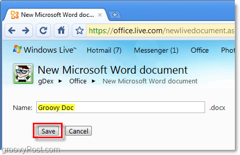 Benennen Sie Ihr Word-Dokument und speichern Sie es in der Office Live Web App