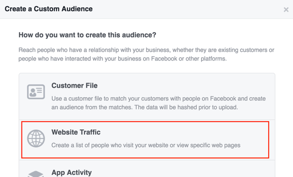 Erstellen Sie eine benutzerdefinierte Facebook-Zielgruppe basierend auf dem Website-Verkehr.