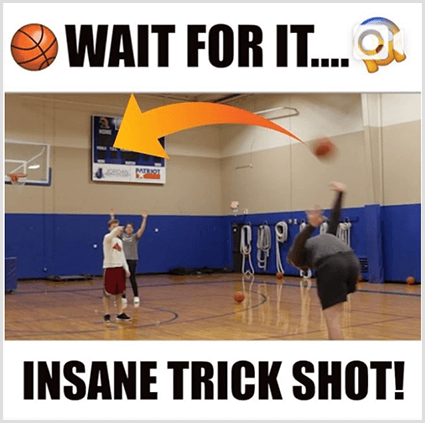 Ein Miniaturbild eines Instagram-Videopostens hat weiße Balken und schwarzen Text über und unter einem Bild eines weißen Mannes, der einen Trick mit einem Basketball in einem Fitnessstudio macht. Der obere Text hat ein Basketball-Emoji und den Text Wait For It. Der untere Text sagt Insane Trick Shot!