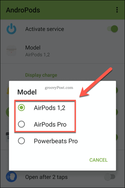 AndroPods AirPods Modellmenü