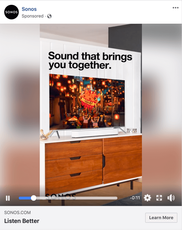 Beispiel einer Facebook-Videoanzeige von Sonos.