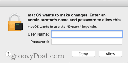 Geben Sie die Anmeldeinformationen für Ihr Mac-Administratorkonto ein