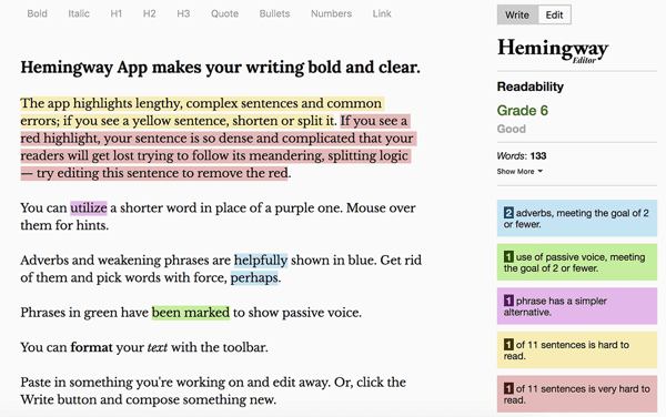 Schreiben und Strukturieren von textbasierten Facebook-gesponserten Posts in längerer Form, Best Practices, Hemingway App