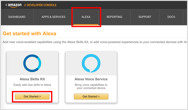 Klicken Sie unter Alexa Skills Kit auf die Schaltfläche Erste Schritte.