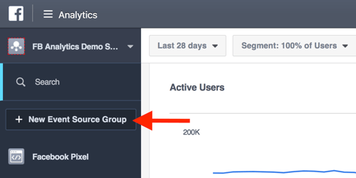 Erstellen Sie Ereignisquellengruppen in Ihrem Facebook Analytics-Dashboard.
