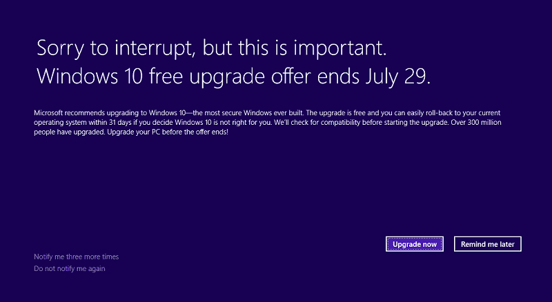 Microsoft veröffentlicht Benachrichtigung über das Ende des kostenlosen Upgrade-Angebots für Windows 10