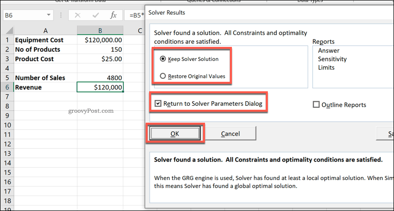 Fenster "Excel Solver-Ergebnisse"