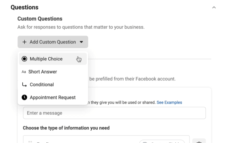 Facebook-Lead-Anzeigen erstellen eine neue Lead-Formularoption, um ein benutzerdefiniertes Fragenmenü mit Optionen für Multiple-Choice-, Kurzantwort-, Bedingungs- oder Terminanfragen hinzuzufügen