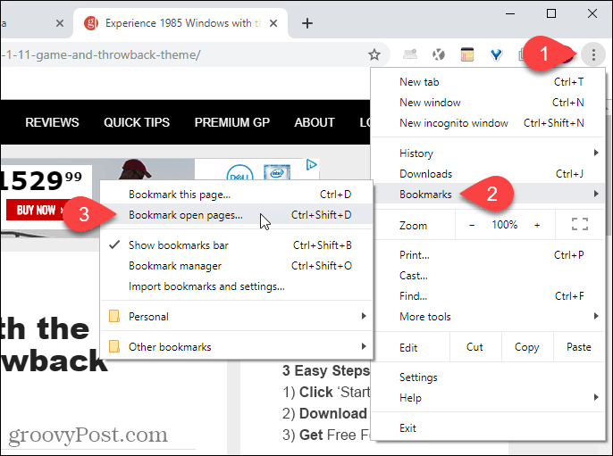 Wählen Sie im Chrome-Menü die Option "Geöffnete Seiten mit Lesezeichen versehen"