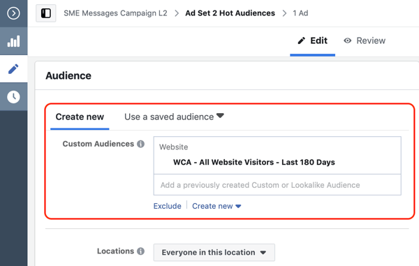 So konvertieren Sie Website-Besucher mit Facebook Messenger-Anzeigen, Schritt 2, erstellen Sie eine benutzerdefinierte Website-Zielgruppe