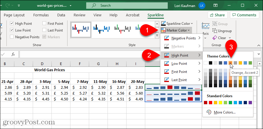 Ändern Sie die Farbe eines Markers in einem Excel-Sparklines-Diagramm