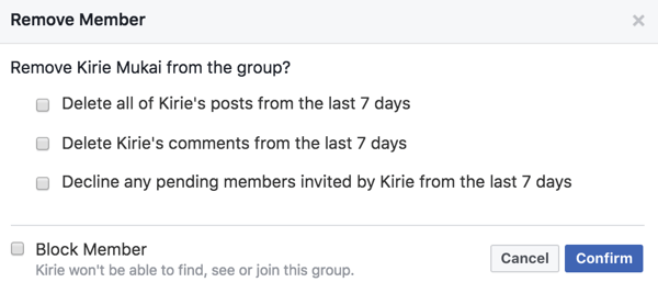 Sie können Beiträge, Kommentare und Einladungen von Mitgliedern löschen, wenn Sie sie aus Ihrer Facebook-Gruppe entfernen.