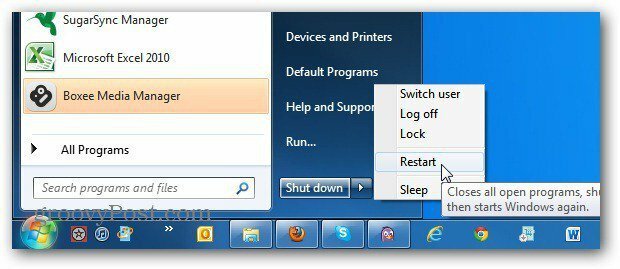 Ändern Sie den Windows 7-Startmenü-Netzschalter in Immer neu starten