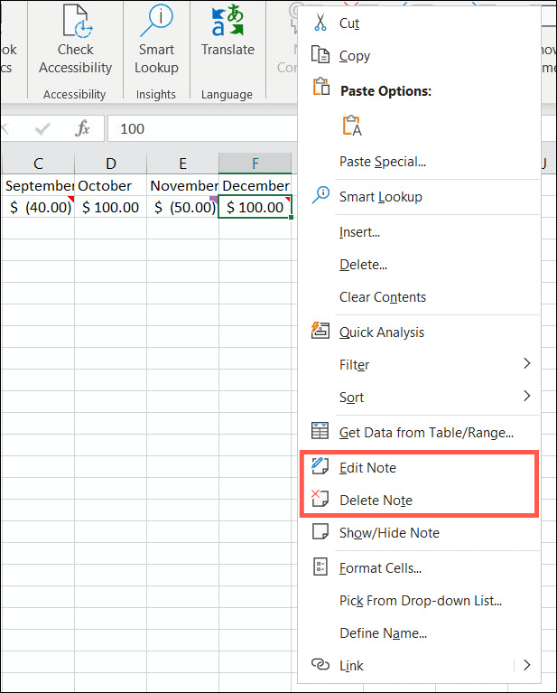 Bearbeiten oder Löschen von Notizen in Excel