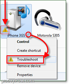 Klicken Sie mit der rechten Maustaste auf Ihr Bluetooth-Gerät und klicken Sie auf Fehlerbehebung. Beachten Sie das Fehlerbehebungssymbol, das durch ein orangefarbenes Ausrufezeichen dargestellt wird