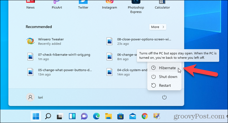 Ruhezustand-Option im Startmenü in Windows 11 verfügbar