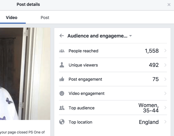 Facebook zeigt separate Engagement-Statistiken für den Beitrag und das Video.