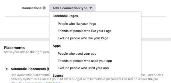 Fügen Sie Optionen für Verbindungstypen für eine Facebook-Lead-Werbekampagne hinzu.