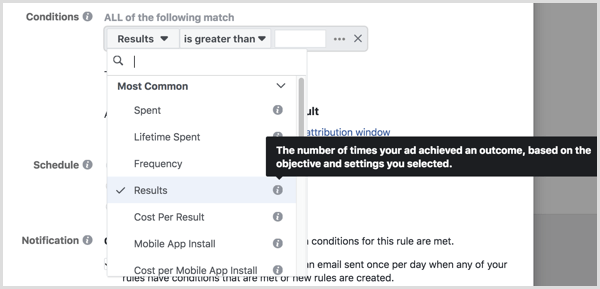 Tooltip beim Einrichten von Bedingungen für die automatisierte Facebook-Regel