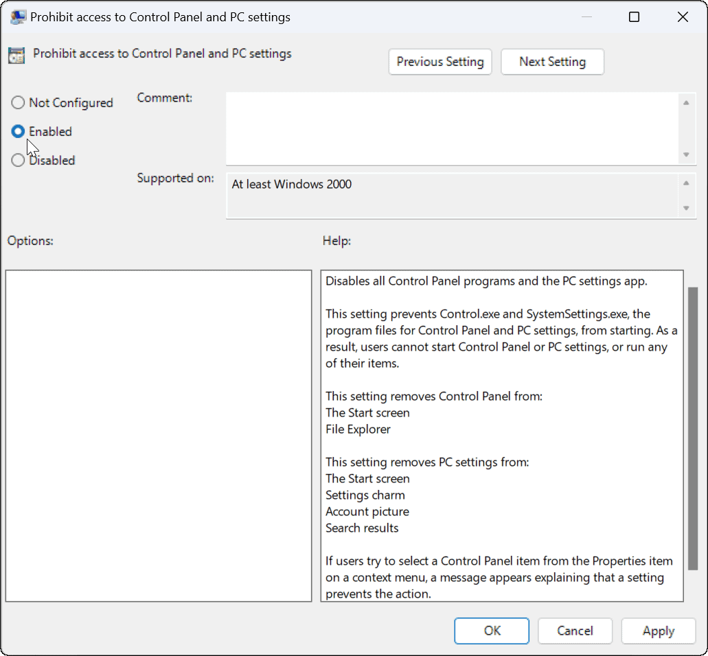 Blockieren Sie Benutzer von Einstellungen in Windows 11