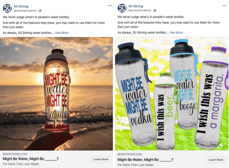 zwei Facebook-Anzeigen mit unterschiedlichen Bildern zum Testen mit Facebook-Experimenten