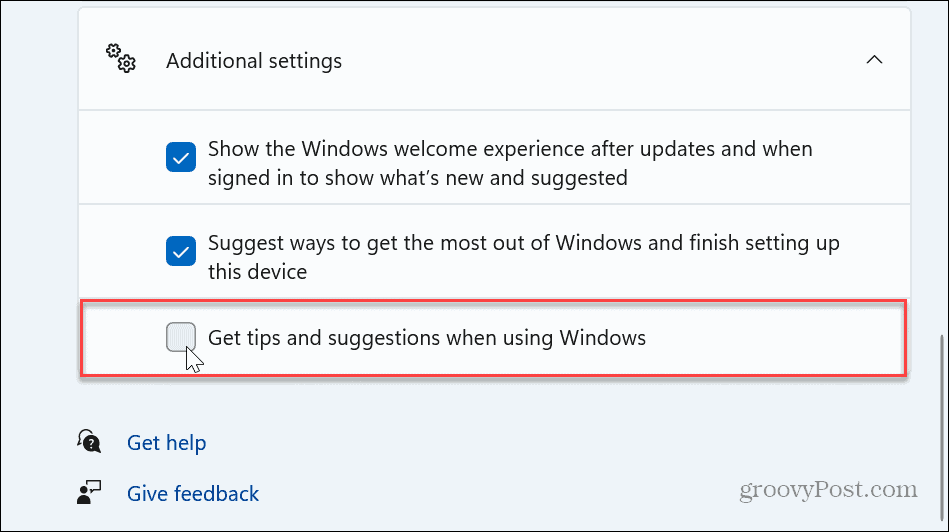 Deaktivieren Sie die Benachrichtigungen zu Tipps und Vorschlägen für Windows 11