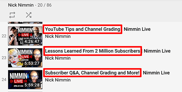 Dies ist ein Screenshot von YouTube-Live-Videotiteln aus dem Nick Nimmin-Kanal.