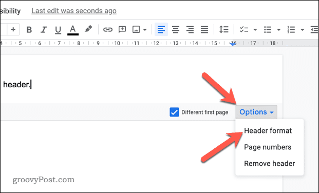 Öffnen Sie das Optionsmenü für das Header-Format in Google Docs