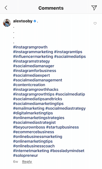 Beispiel eines Instagram-Post-Kommentars von @alextooby, der aus 30 relevanten Hashtags besteht