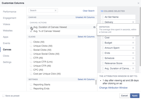 Optionen für die Facebook-Canvas-Metrik