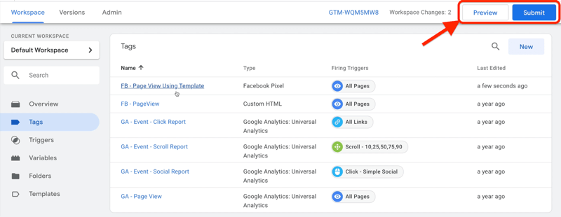 Beispiel für den Dashboard-Arbeitsbereich des Google Tag Managers mit ausgewählten Tags und mehreren Beispiel-Tags mit Vorschau- und Übermittlungsschaltflächen, die oben rechts hervorgehoben sind