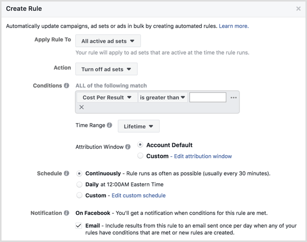 Fenster zur Einrichtung automatisierter Regeln für Facebook