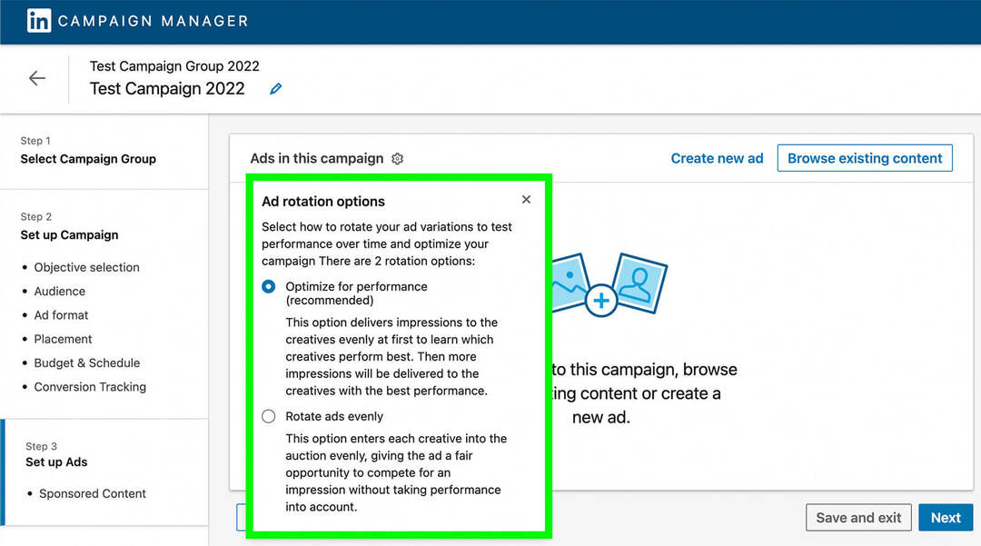 wie-man-experimentiert-mit-linkedin-ad-creatives-campaign-manager-optimize-for-performance-rotate-ads-evenly-example-1