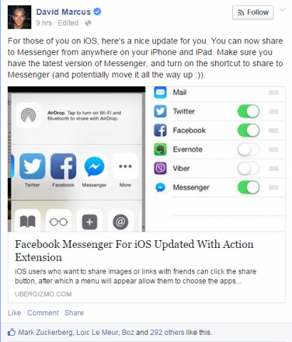 "Facebook Messenger-Benutzer mit iPhones oder iPads können nach einem Update der iOS-App jetzt Fotos oder Links direkt zur Anwendung freigeben."
