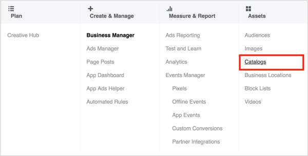 Um auf den Katalogmanager zuzugreifen, öffnen Sie den Business Manager und wählen Sie Kataloge aus.