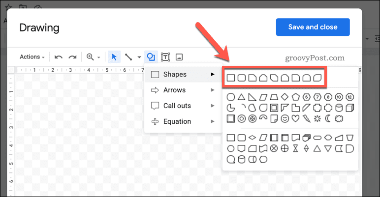 Einfügen einer neuen Form in eine Google Docs-Zeichnung