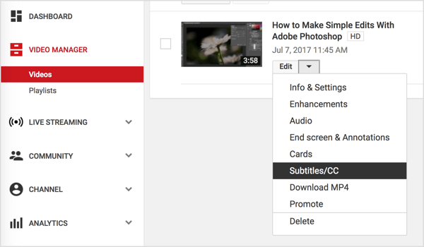 Navigiere zu deinem YouTube-Video und wähle Untertitel / CC aus dem Dropdown-Menü Bearbeiten.