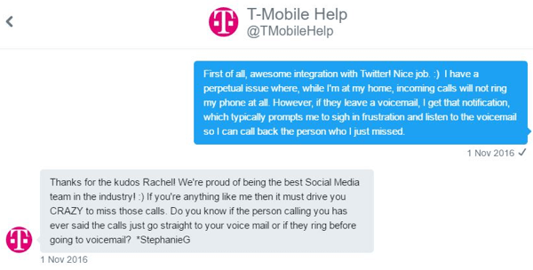 Ein T-Mobile-Kundendienstmitarbeiter konnte eins zu eins mit mir interagieren und sich auf mein Problem konzentrieren.
