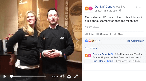Dunkin Donuts nutzt Facebook Live-Videos, um Fans hinter die Kulissen zu führen.