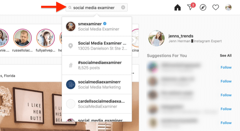 Desktop-Screenshot mit einer Suche nach einem Instagram-Konto unter Verwendung der Suchbegriffe des Social Media Examiner