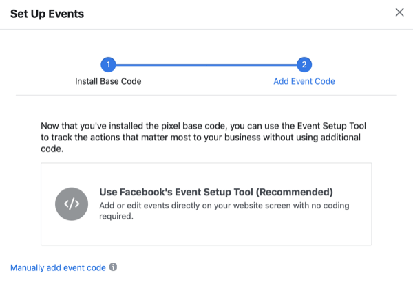 Dialogfeld "Ereignisse einrichten" mit der Option "Event Setup Tool" von Facebook verwenden