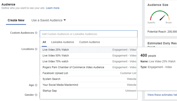 Wenn Sie eine Zielgruppe für Ihre Facebook-Anzeige auswählen, müssen Sie die benutzerdefinierte Zielgruppe der Personen auswählen, die Ihre Live-Videos angesehen haben.